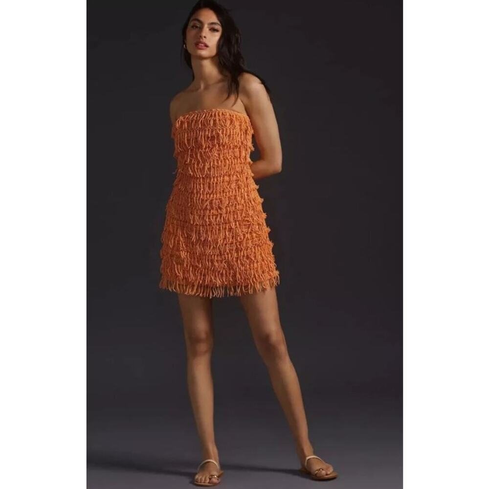 NWT Anthropologie Let Me Be Fringe Tube Boho Dress Orange Women's Large Petite